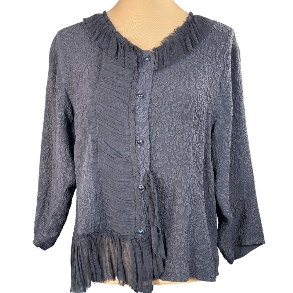 URU Black Floral Silk Long Sleeve Blouse Chiffon Trim Made in USA Lagenlook OSFM